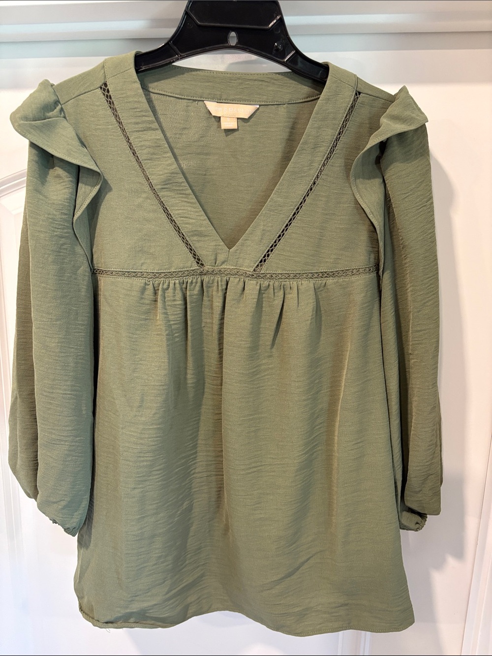Olive Green V-Neck Ruffle Shoulder Blouse